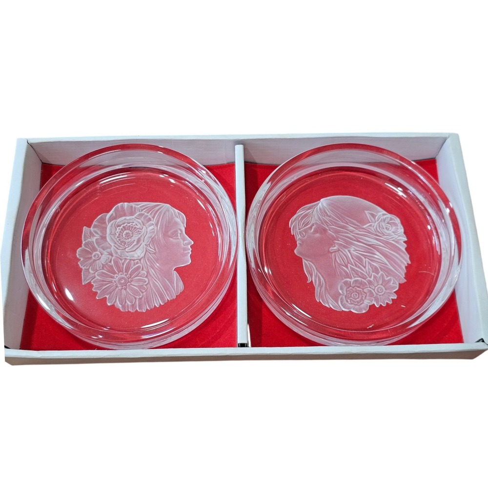 Vintage Frosted Glass Art Nouveau‎ Lady Portrait Coaster Set 2pc Clear Excellent